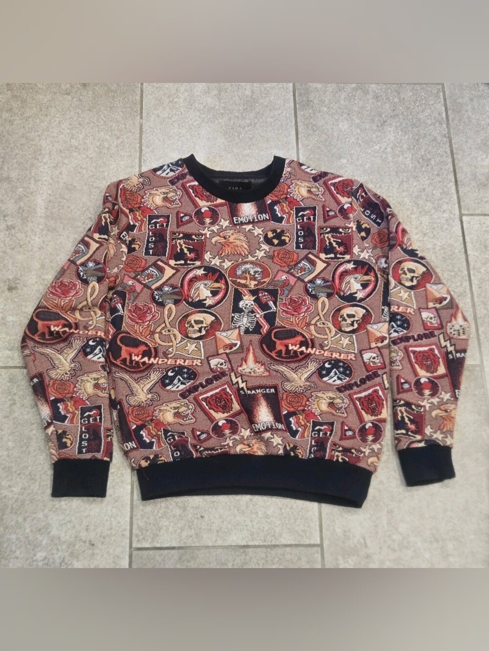 Zara Man Quilted Jacquard Sweatshirt Size S Graphic Tattoo Print Skull Rose AW18